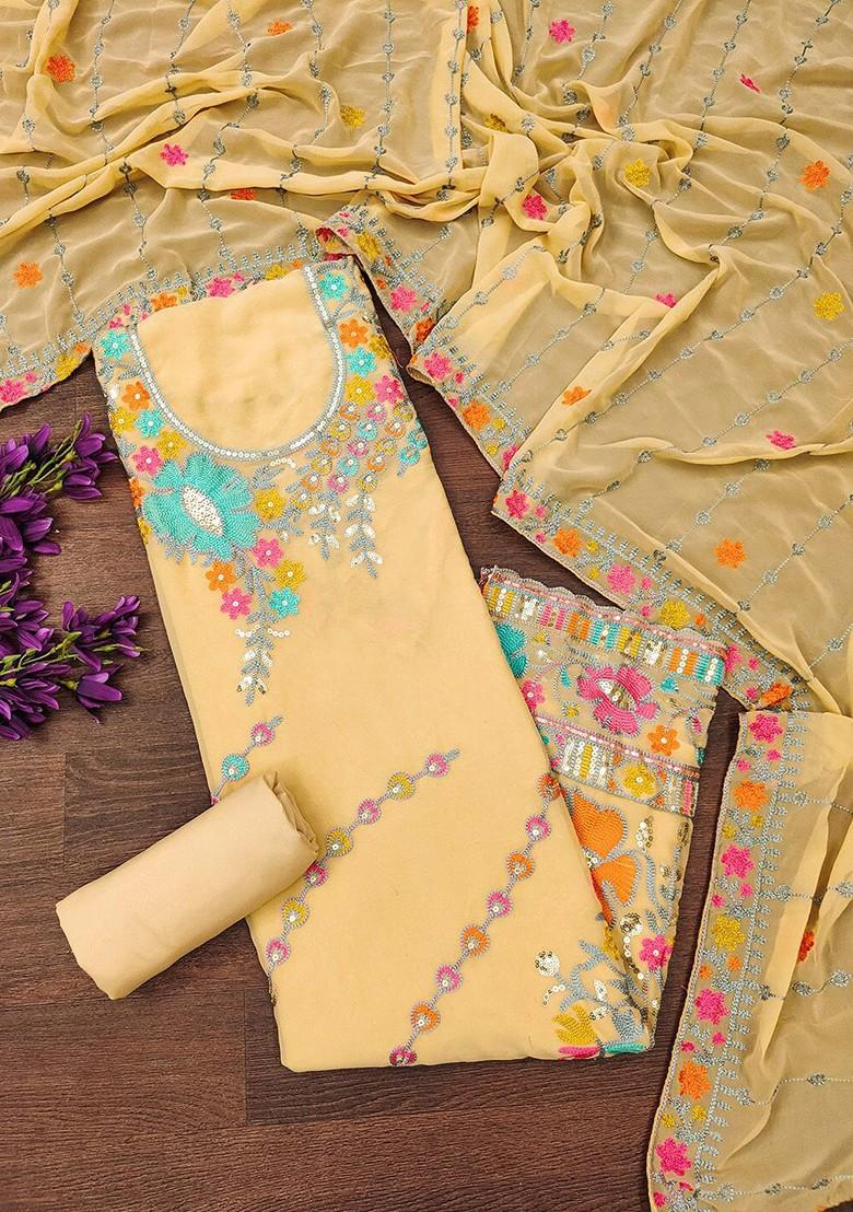 Beige Floral Embroidered Cotton Kurta Set
