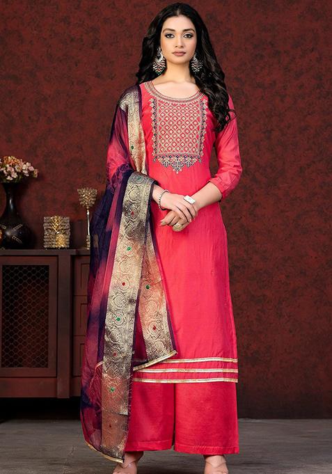 Pink Embroidered Poly Blend Kurta Set