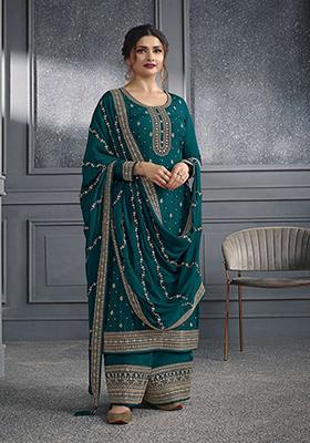 Teal Green Embroidered Poly Blend Kurta Set