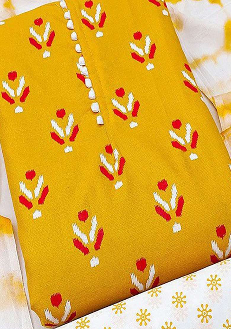 Mustard Yellow Floral Print Georgette Kurta Set - Indya