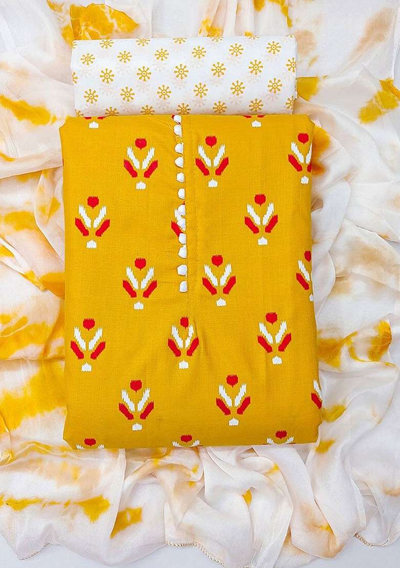 Mustard Yellow Floral Print Georgette Kurta Set - Indya