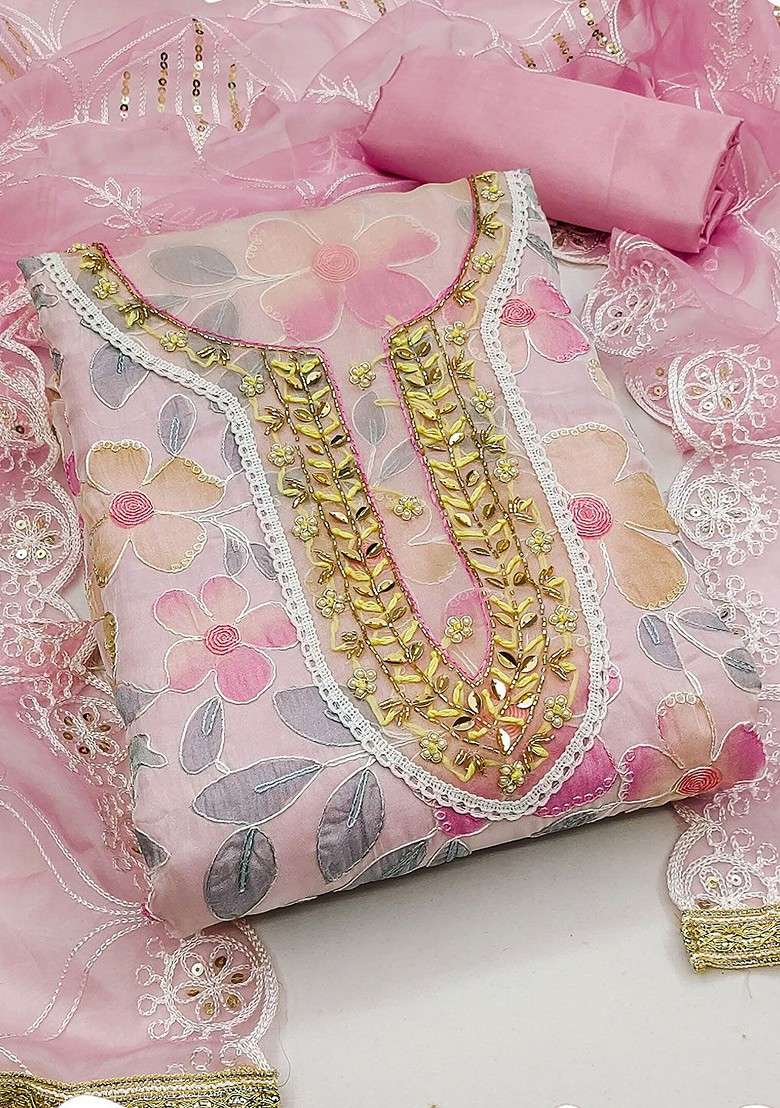 Pink Embroidered Organza Straight Kurta Set - Indya