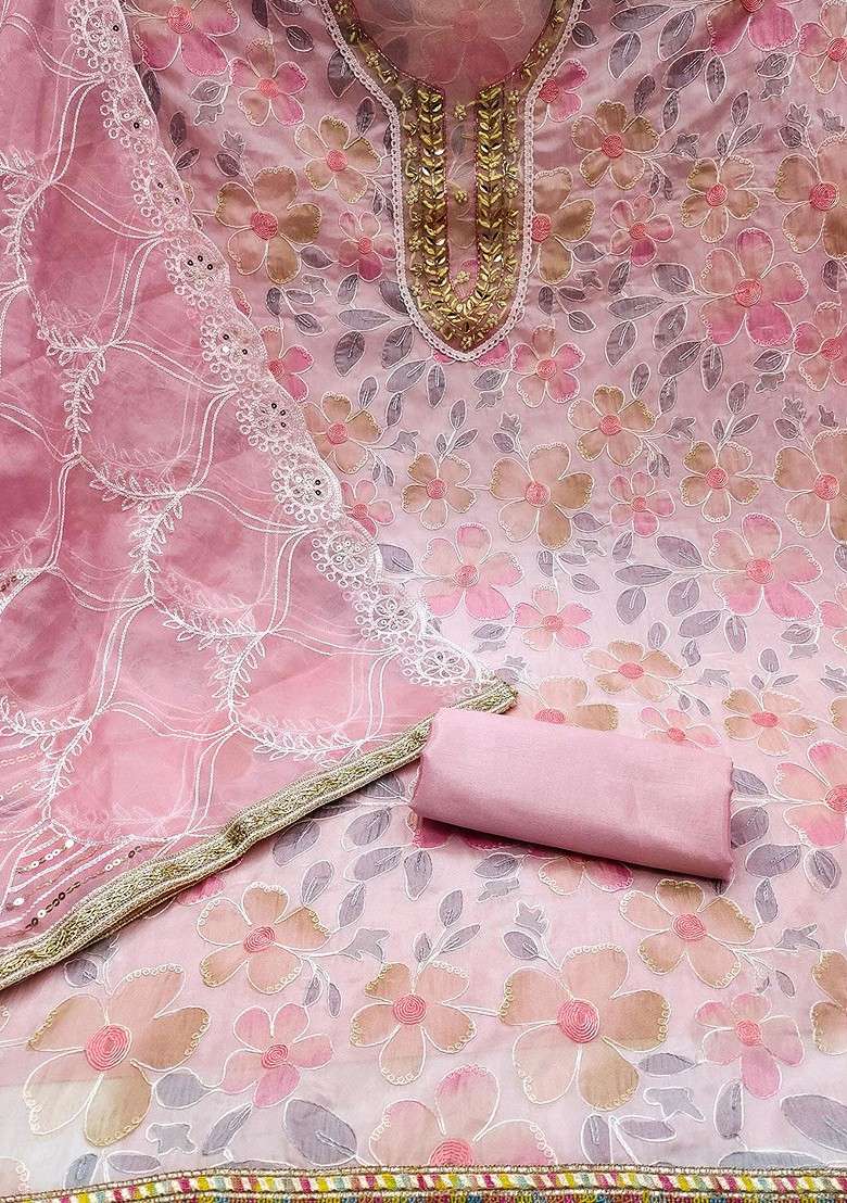 Pink Embroidered Organza Straight Kurta Set - Indya