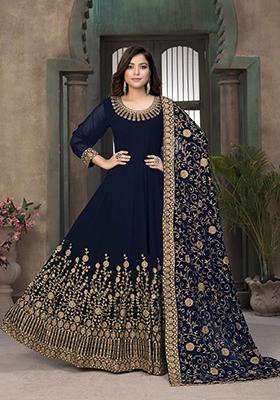 Navy Blue Embroidered Faux Georgette Anarkali Kurta Set