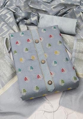 Grey Woven Banarasi Jacquard Kurta Set