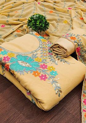 Beige Embroidered Poly Blend Kurta Set
