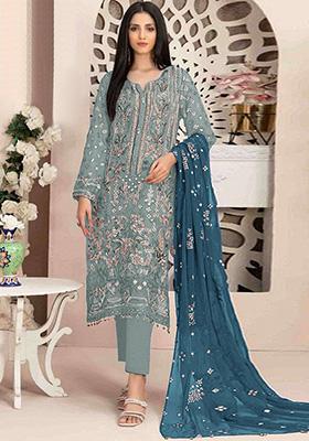Light Blue Embroidered Faux Georgette Kurta Set