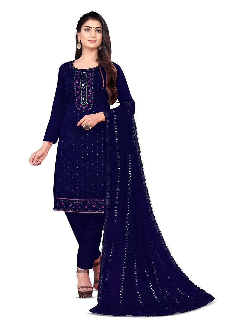 Blue Embroidered Cotton Pakistani Suit Set - Indya