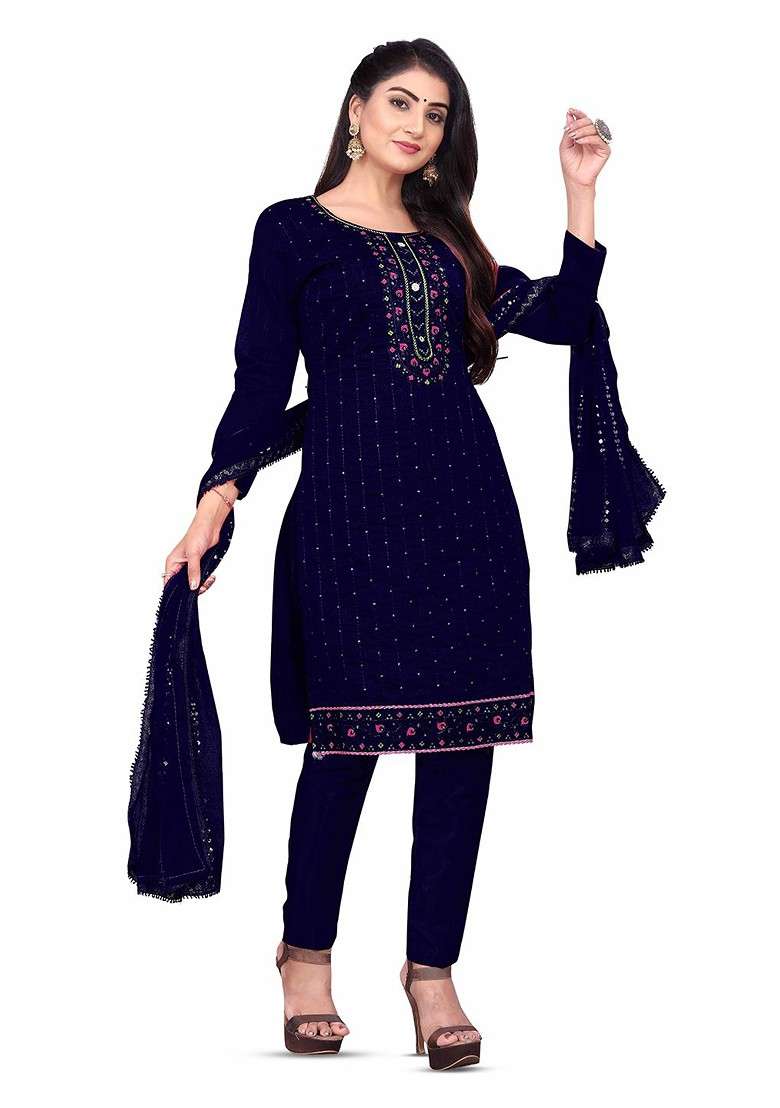 Blue Embroidered Cotton Pakistani Suit Set - Indya