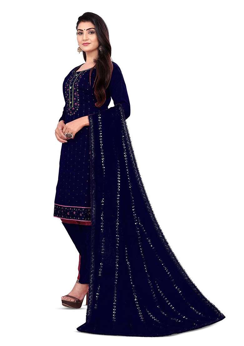Blue Embroidered Cotton Pakistani Suit Set - Indya