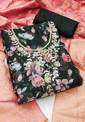 Green Floral Print Poly Blend Kurta Set