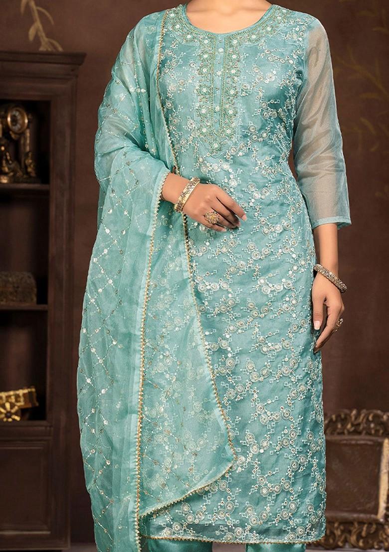 Sea Green Embellished Organza Kurta Set
