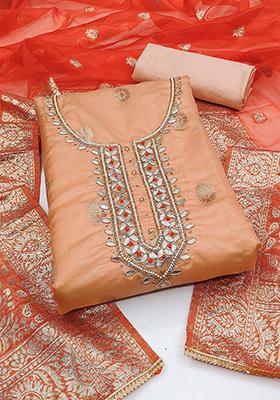 Peach Embellished Organza Kurta Set