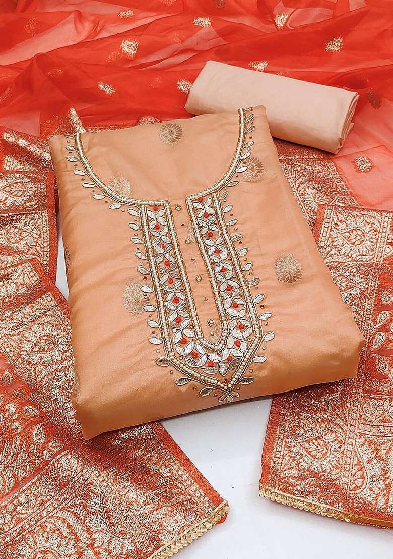 Peach Embroidered Organza Straight Kurta Set - Indya