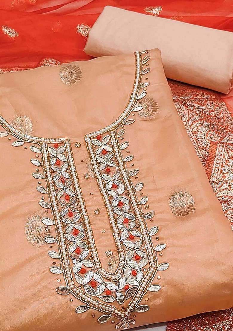 Peach Embroidered Organza Straight Kurta Set - Indya