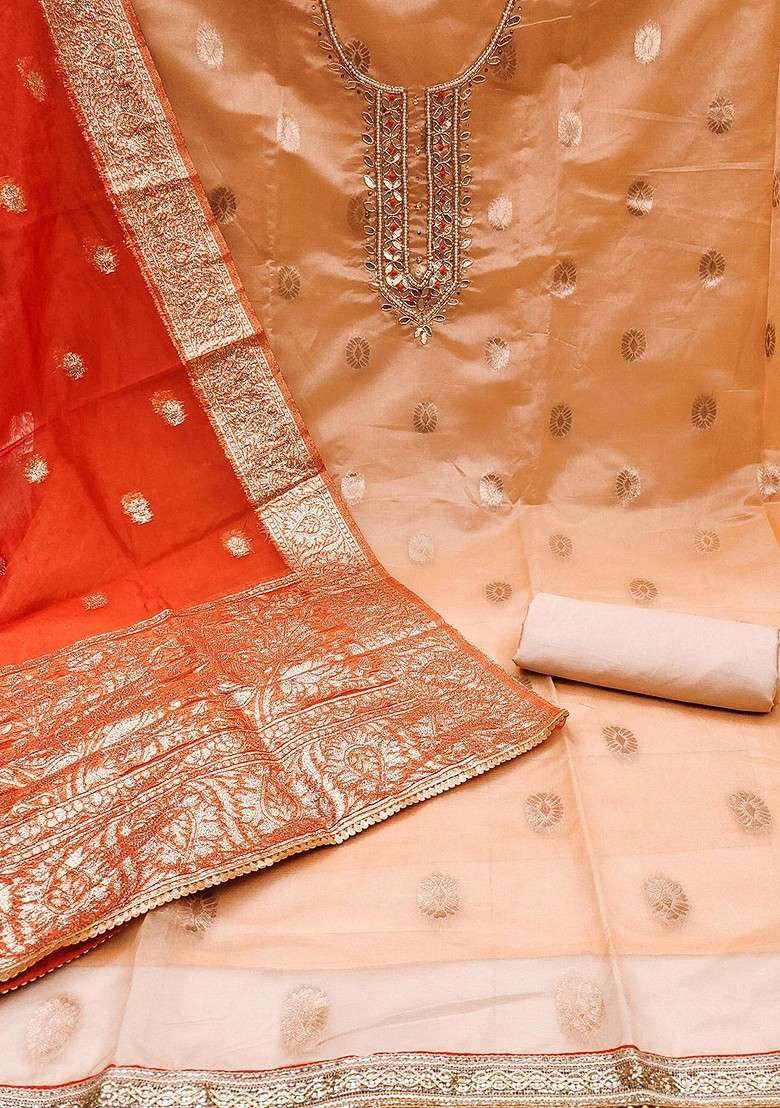 Peach Embroidered Organza Straight Kurta Set - Indya