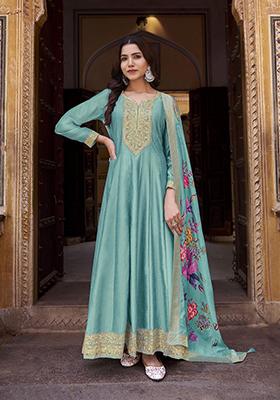 Sky Blue Embroidered Poly Blend Kurta Set