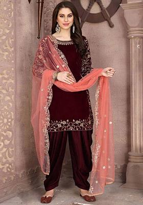 Maroon Embroidered Velvet Kurta Set