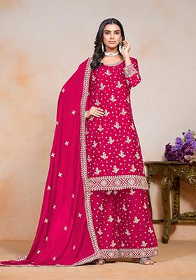 Rani Pink Embroidered Silk Kurta Set
