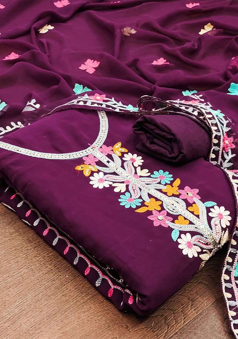 Purple Embroidered Blended Straight Kurta Set - Indya