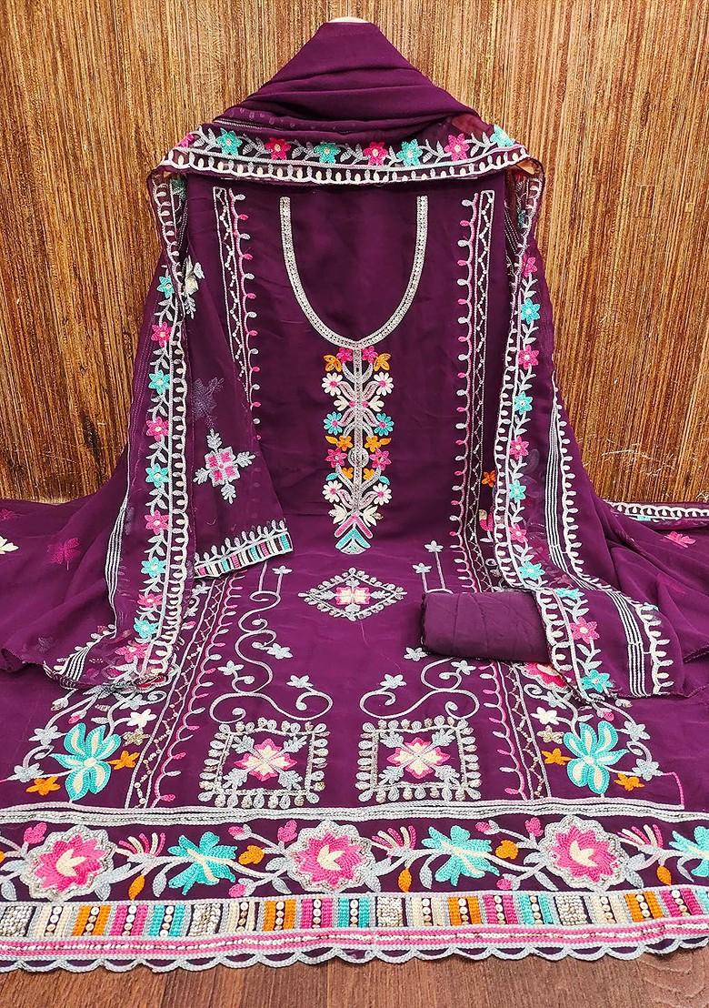 Purple Embroidered Poly Blend Kurta Set