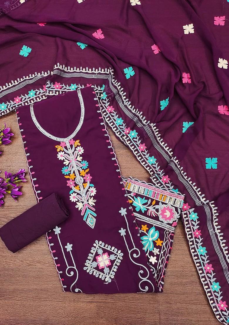 Purple Embroidered Poly Blend Kurta Set