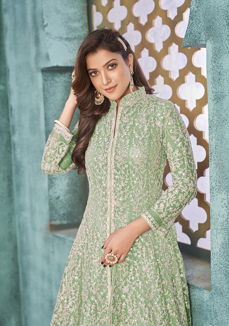 Light Green Embroidered Net Anarkali Kurta Set
