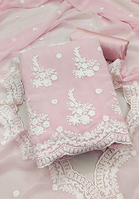 Pink Floral Embroidered Poly Blend Kurta Set