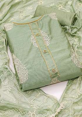 Green Embroidered Poly Blend Kurta Set - Indya