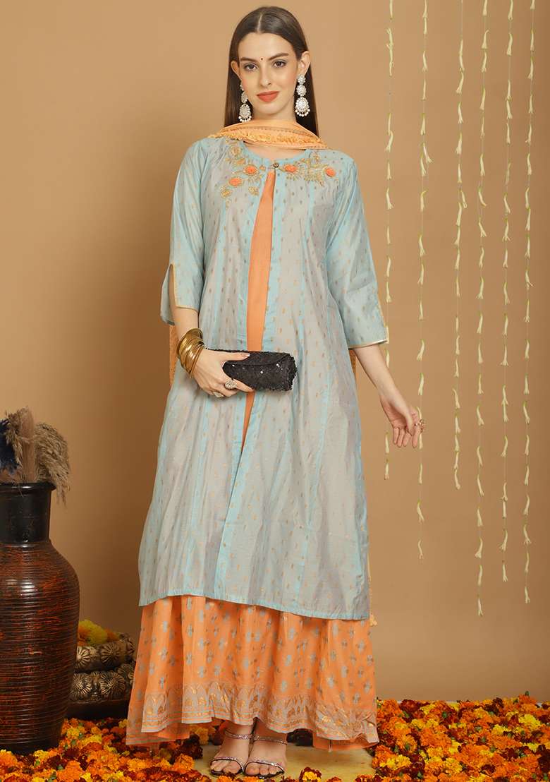 Grey Zari Embroidered Art Silk Kurta Set - Indya