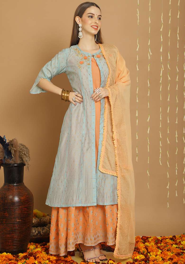 Grey Zari Embroidered Art Silk Kurta Set - Indya