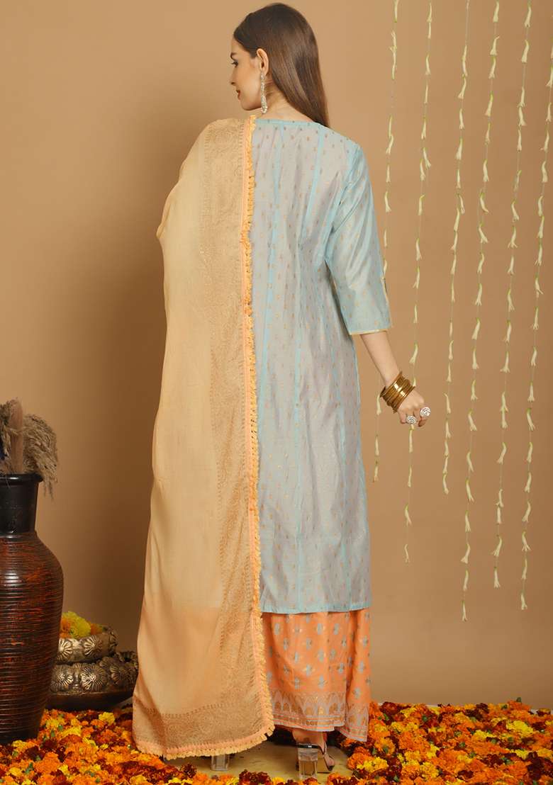 Grey Zari Embroidered Art Silk Kurta Set - Indya