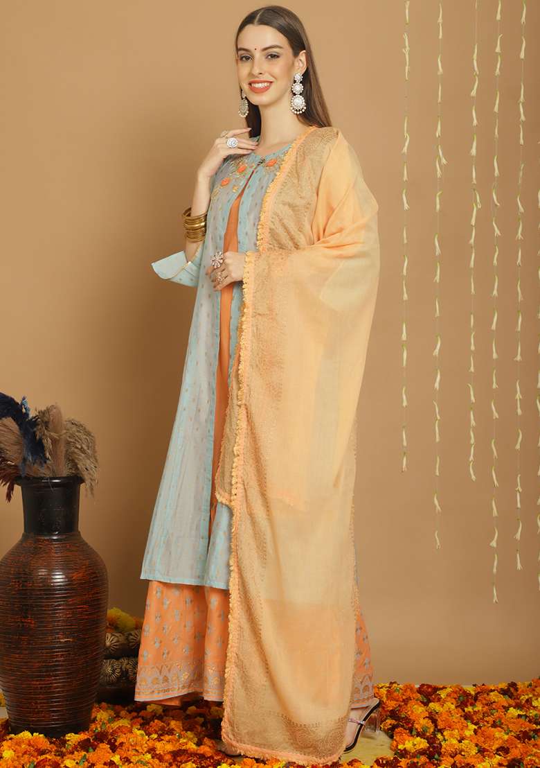 Grey Zari Embroidered Art Silk Kurta Set - Indya