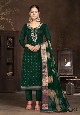 Green Woven Art Silk Kurta Set
