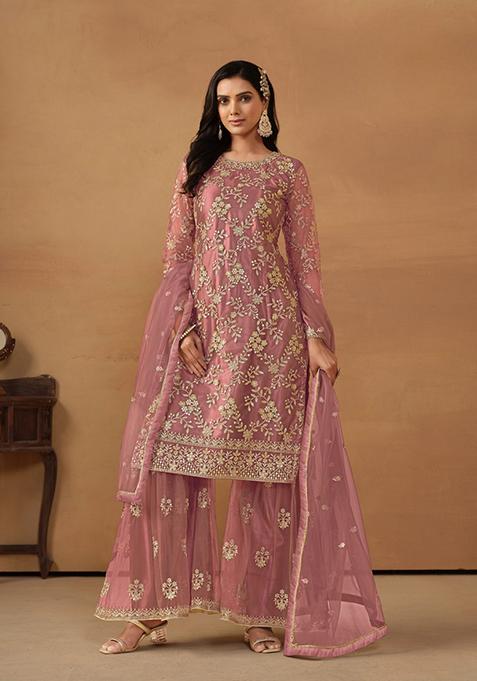 Pink Embroidered Net Kurta Set