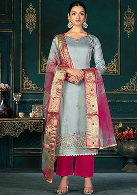 Grey Floral Embroidered Poly Blend Kurta Set