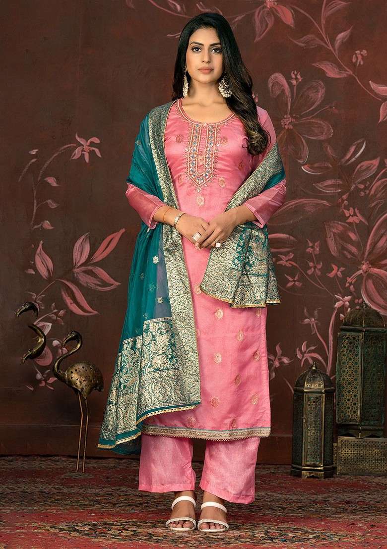 Pink Embellished Poly Blend Kurta Set - Indya