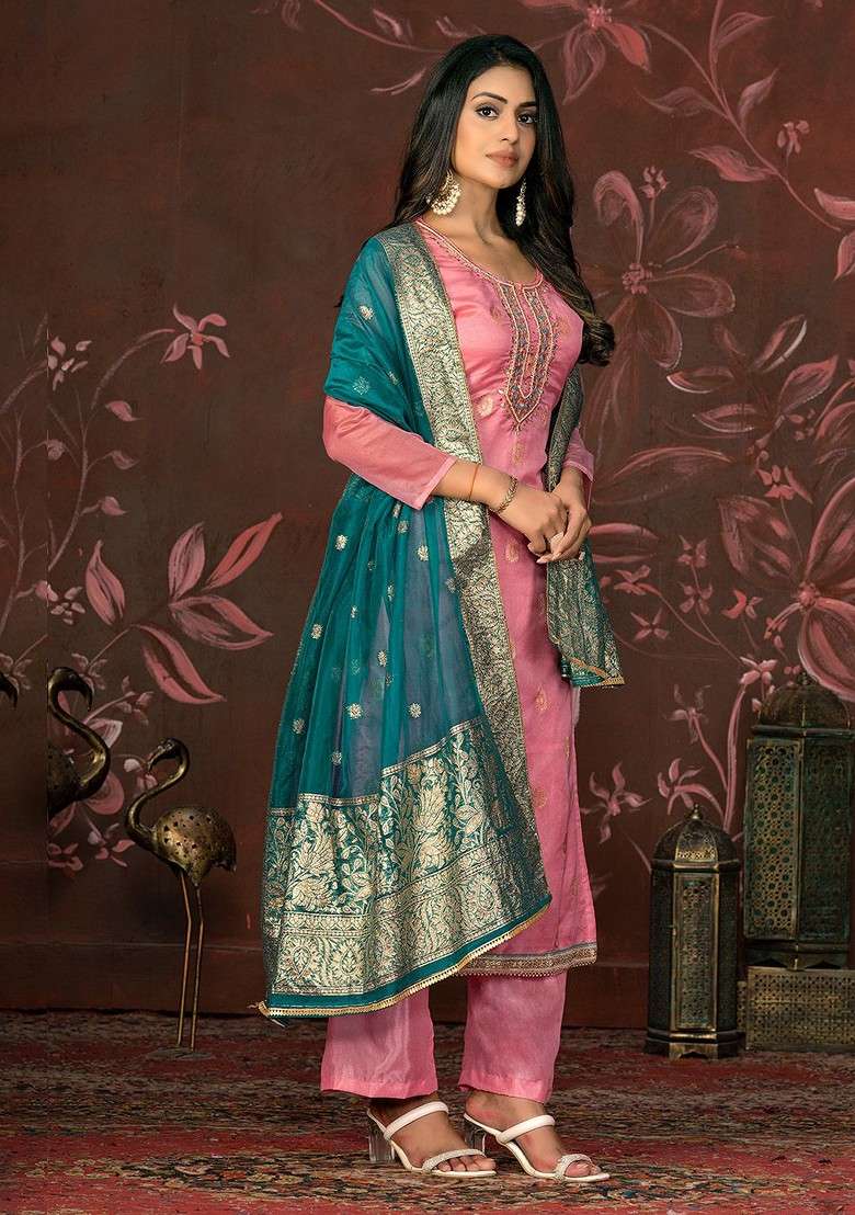 Pink Embellished Poly Blend Kurta Set - Indya