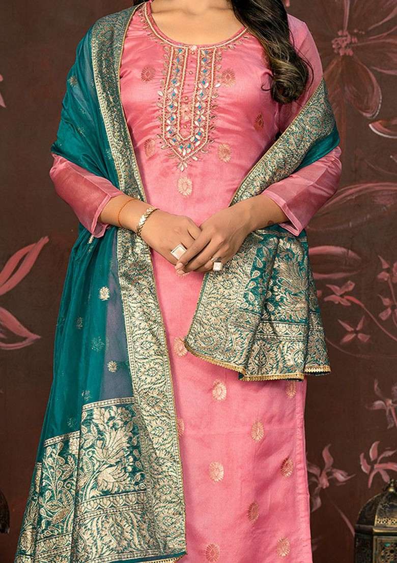 Pink Embellished Poly Blend Kurta Set - Indya