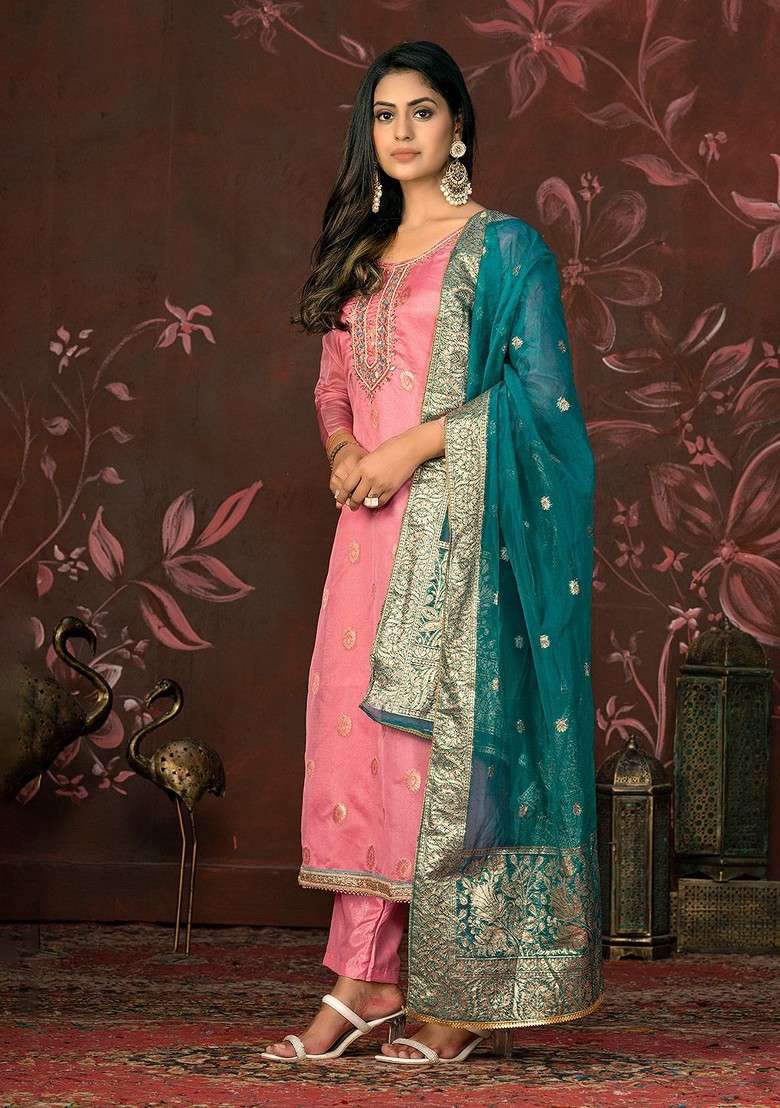 Pink Embellished Poly Blend Kurta Set - Indya