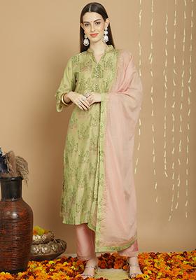 Green Zari Embroidered Art Silk Kurta Set
