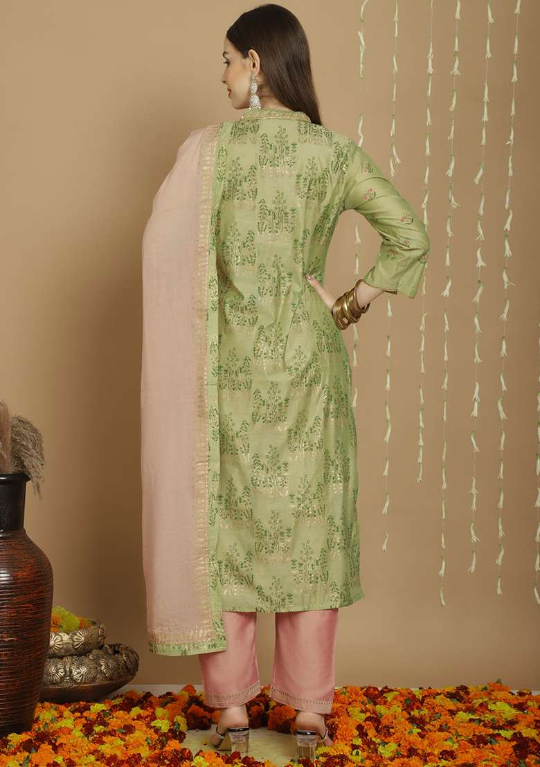 Green Zari Embroidered Art Silk Kurta Set - Indya