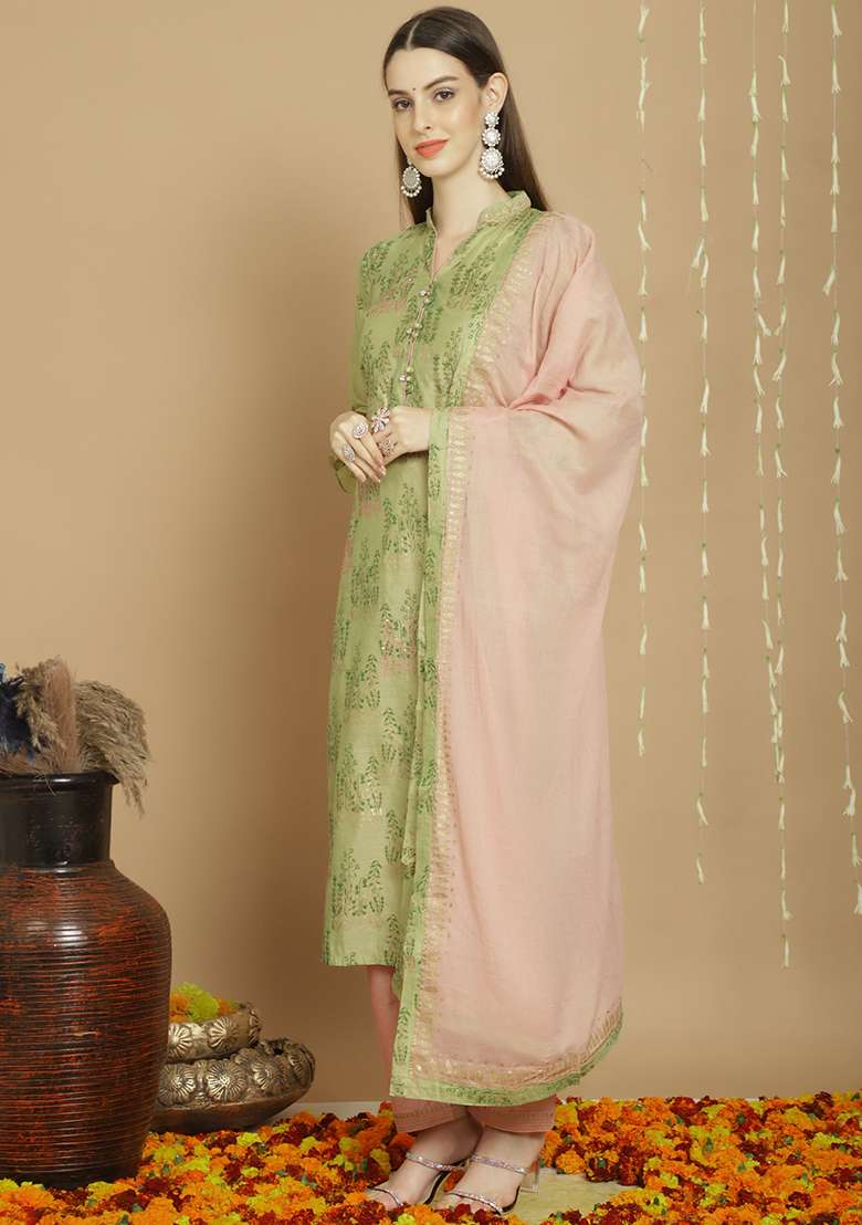 Green Zari Embroidered Art Silk Kurta Set - Indya