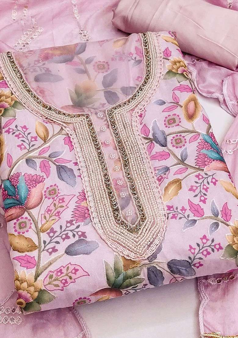 Pink Embroidered Organza Straight Kurta Set - Indya