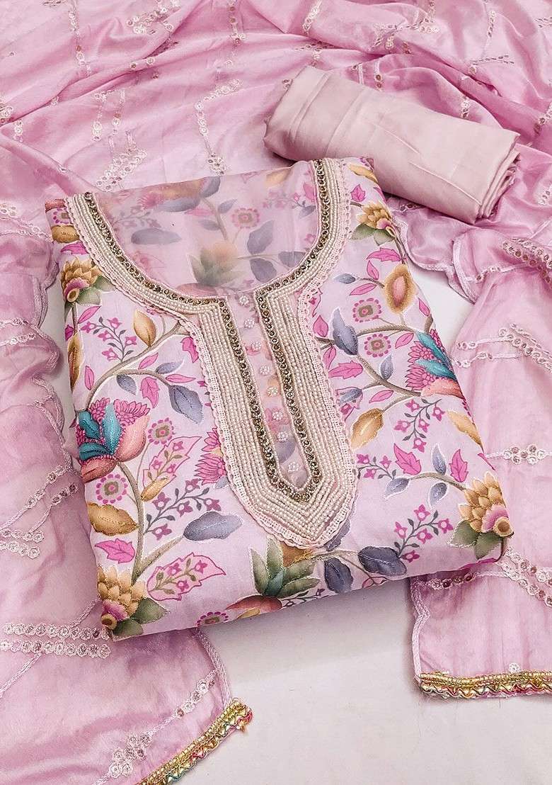 Pink Embroidered Organza Straight Kurta Set - Indya