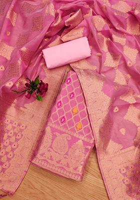 Pink Woven Chanderi Banarasi Silk Kurta Set