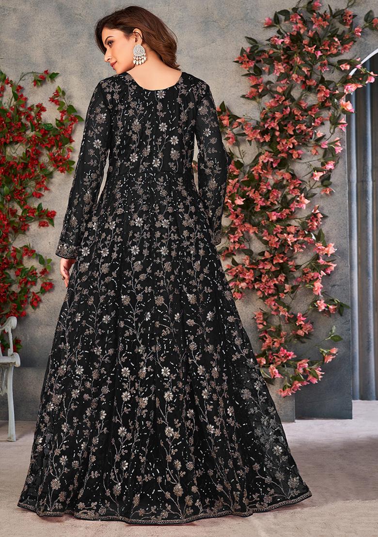 Black Embroidered Pure Net Anarkali Kurta Set - Indya