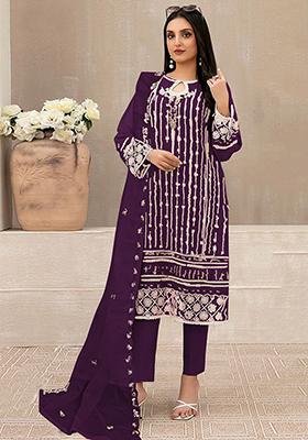 Dark Purple Embroidered Faux Georgette Kurta Set