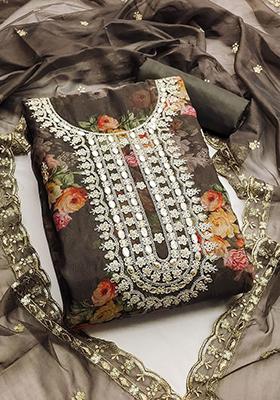 Grey Embellished Organza Kurta Set