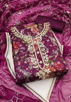 Purple Floral Print Organza Kurta Set